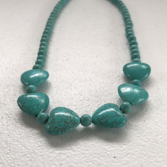 Faux Turquoise Heart and Round Bead Necklace - Picture 2 of 7